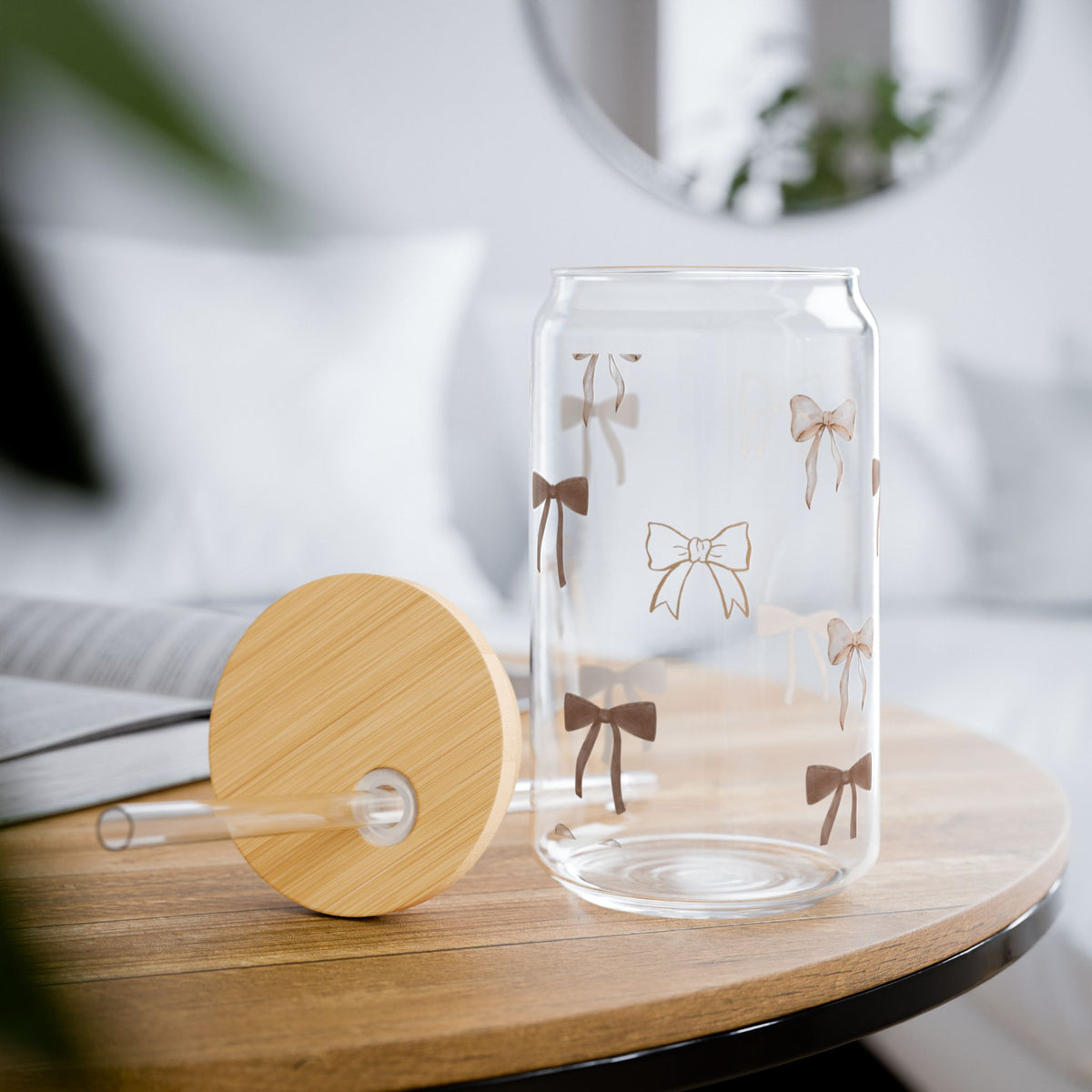 16oz Bow Pattern Sipper Glass with Bamboo Lid & Straw