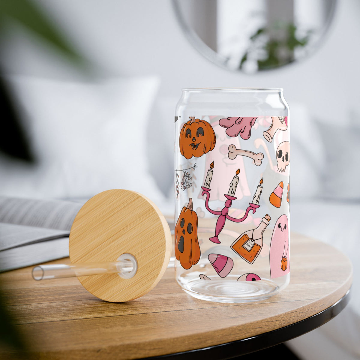 16oz Halloween Glass Tumbler - 'Cute Spooky Pumpkin & Candy Design'