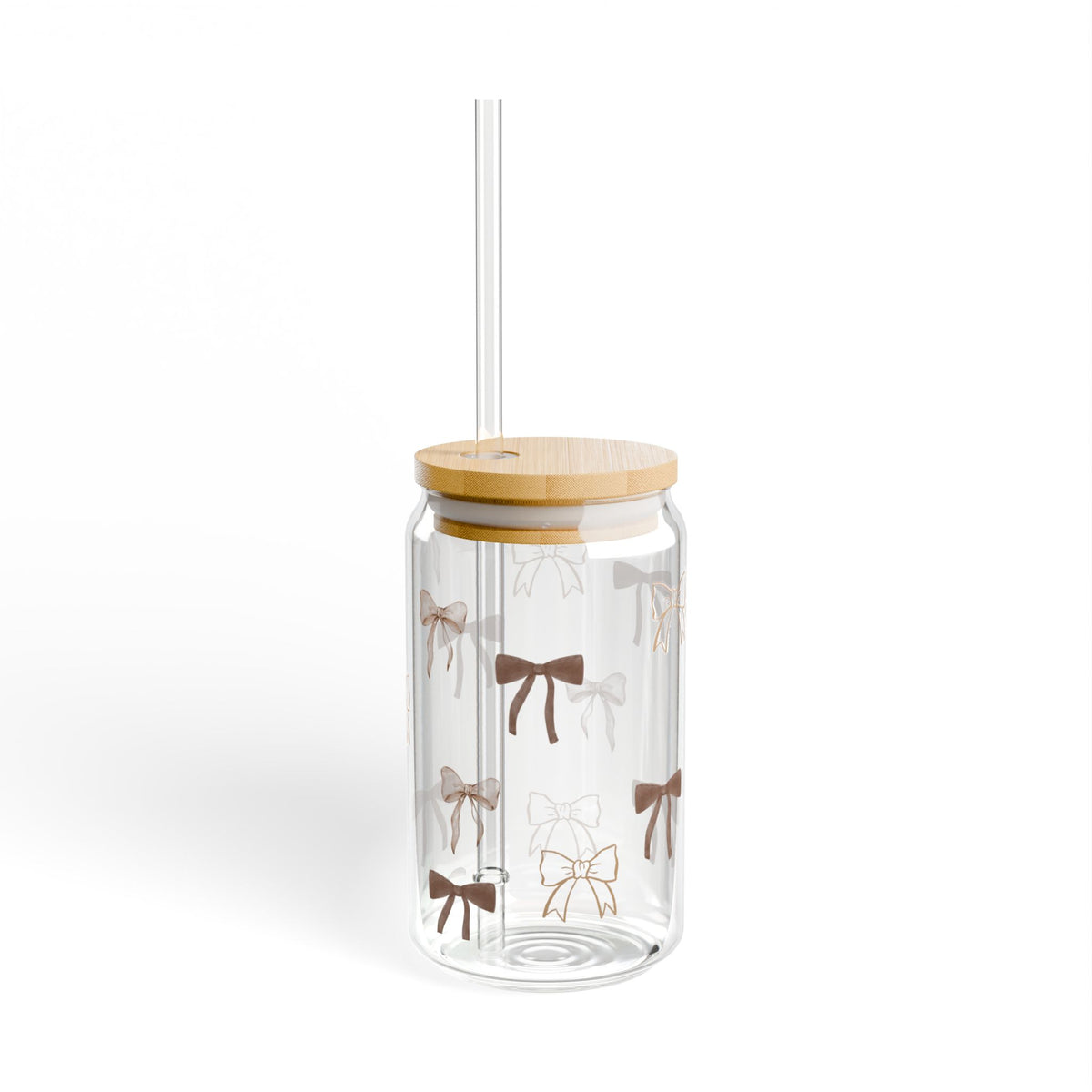 16oz Bow Pattern Sipper Glass with Bamboo Lid & Straw