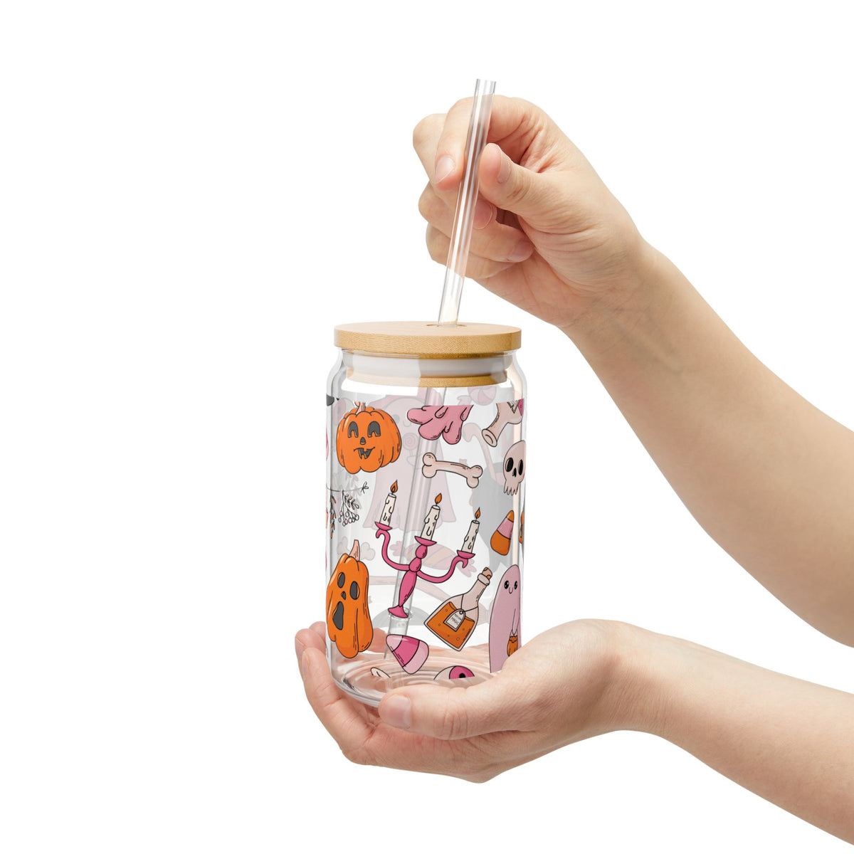 16oz Halloween Glass Tumbler - 'Cute Spooky Pumpkin & Candy Design'