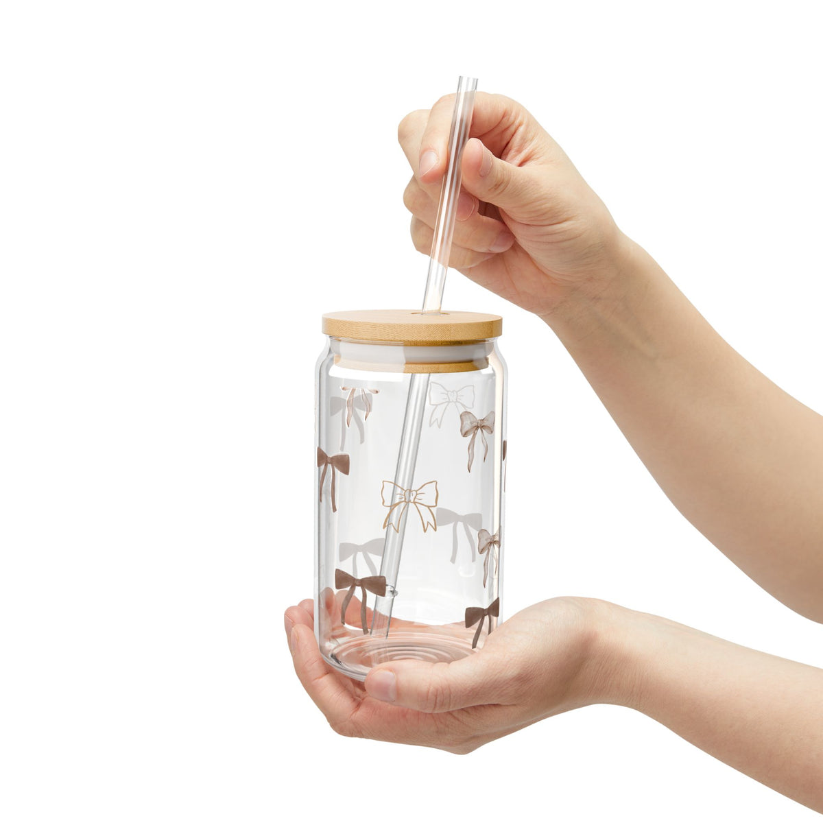 16oz Bow Pattern Sipper Glass with Bamboo Lid & Straw