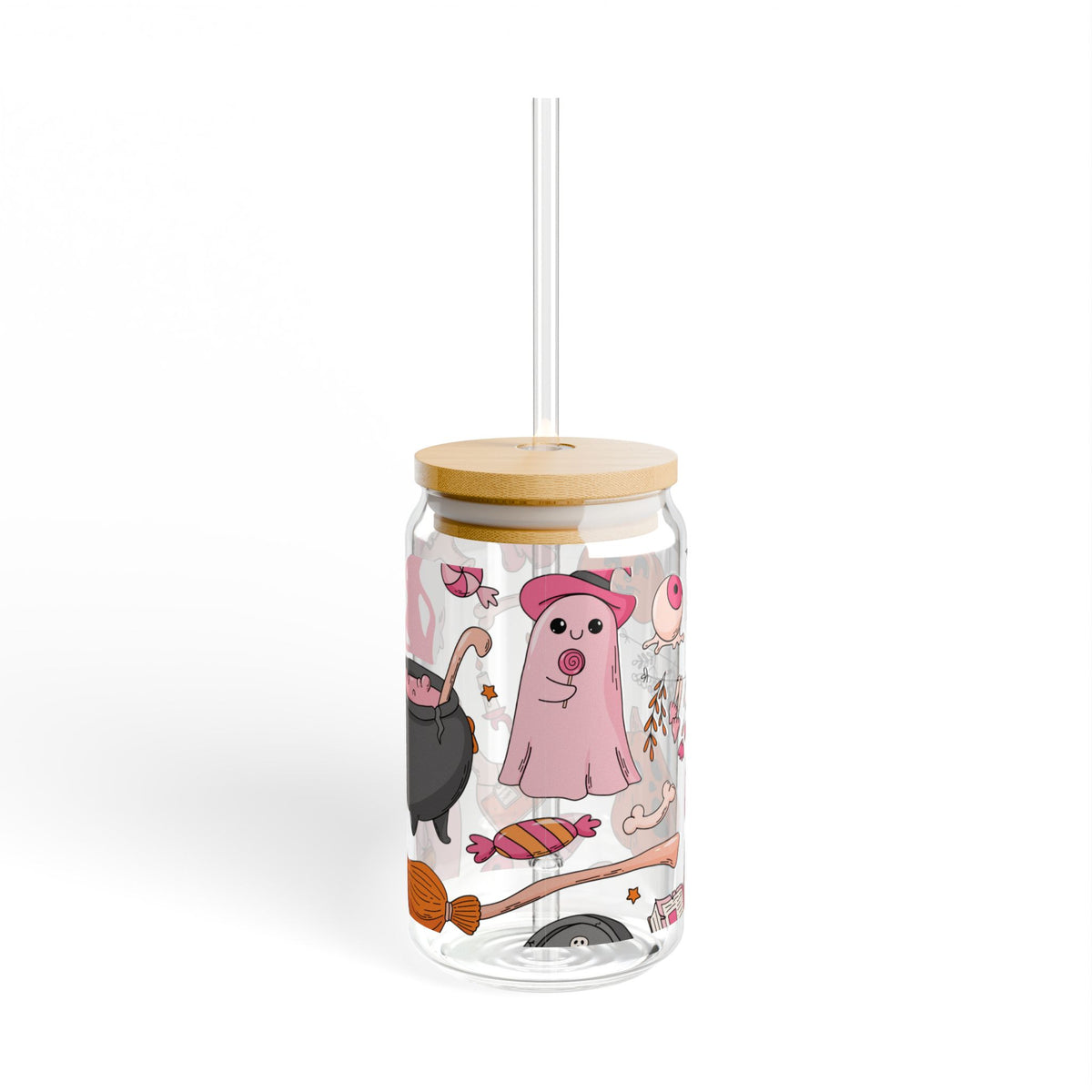 16oz Halloween Glass Tumbler - 'Cute Spooky Pumpkin & Candy Design'