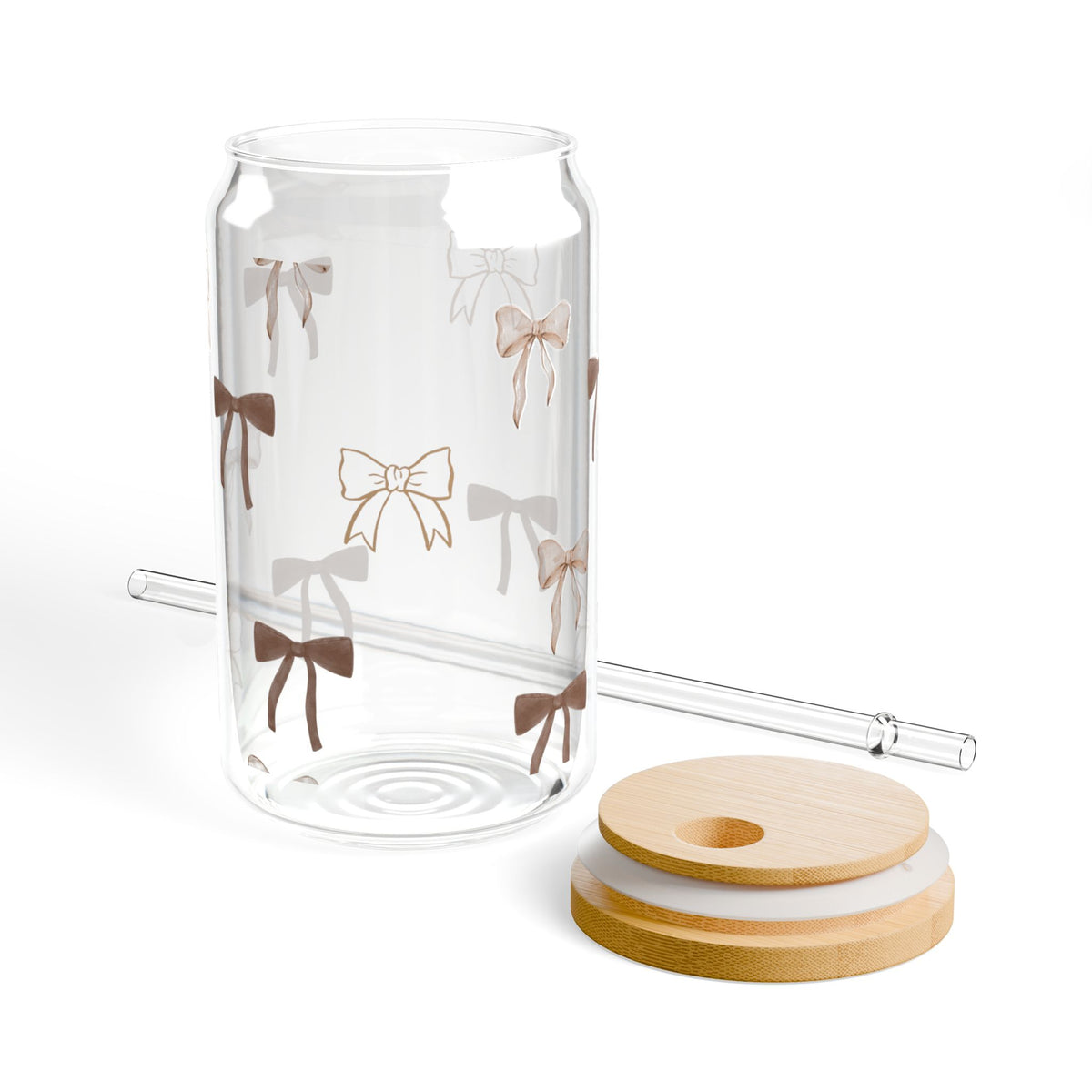 16oz Bow Pattern Sipper Glass with Bamboo Lid & Straw