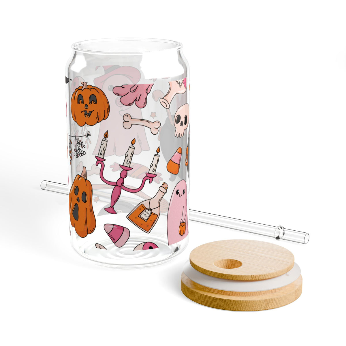 16oz Halloween Glass Tumbler - 'Cute Spooky Pumpkin & Candy Design'