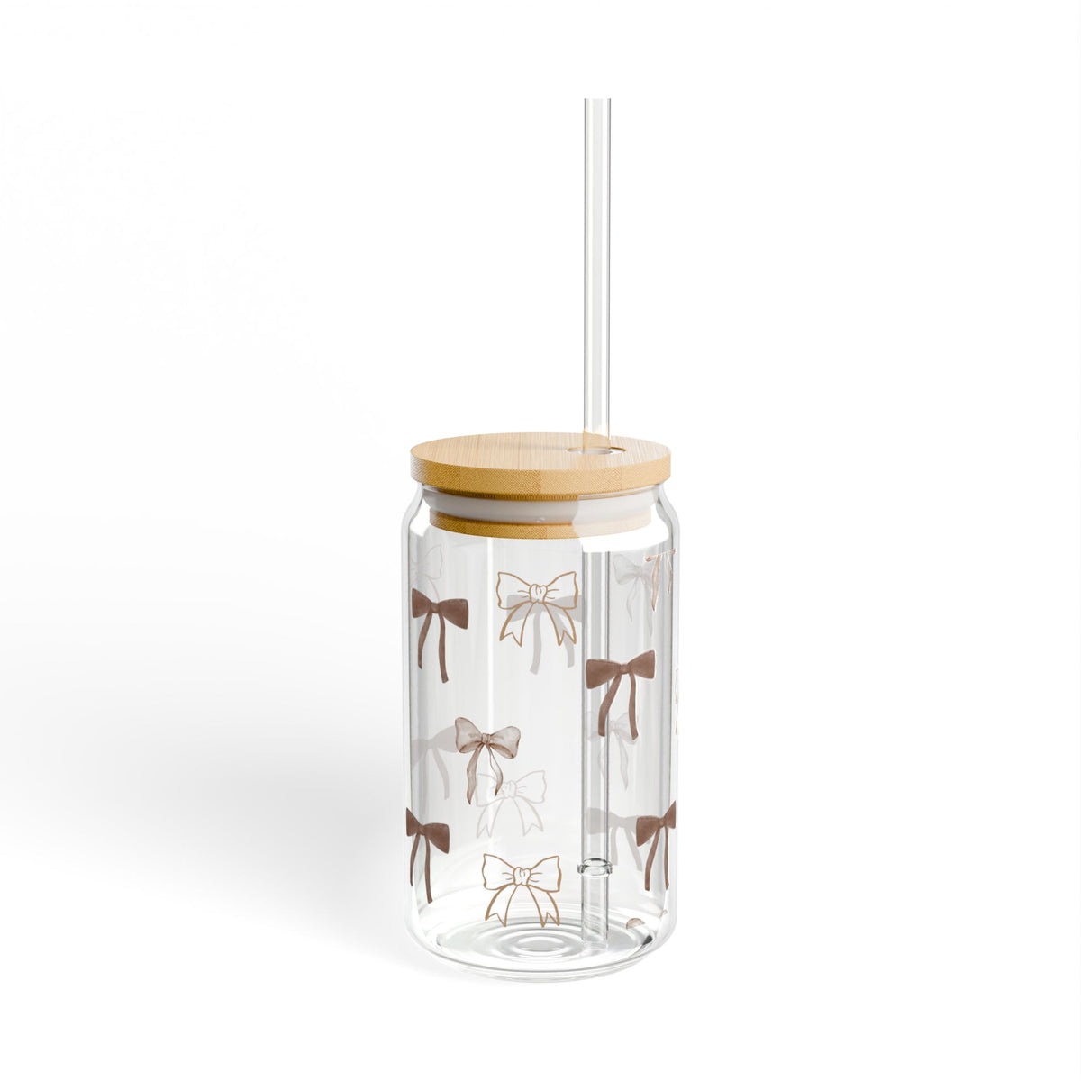 16oz Bow Pattern Sipper Glass with Bamboo Lid & Straw