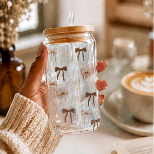 16oz Bow Pattern Sipper Glass with Bamboo Lid & Straw